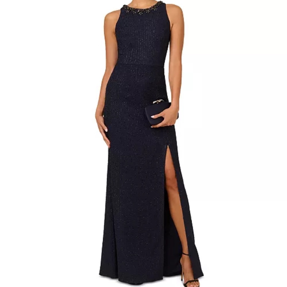 Adrianna Papell Glitter Boucle Embellished Neckline Sleeveless Navy Gown